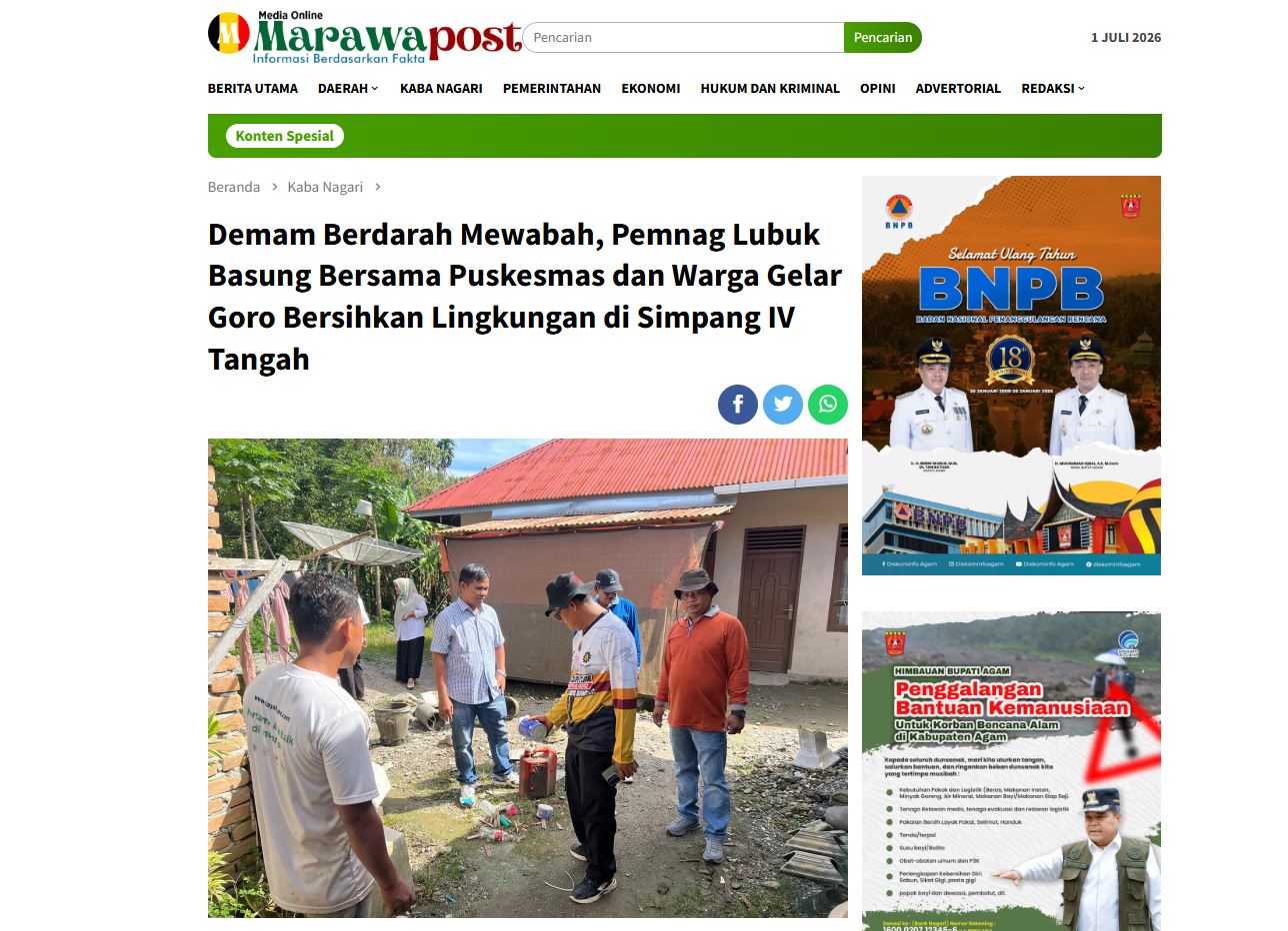 Demam Berdarah Mewabah, Pemnag Lubuk Basung Bersama Puskesmas dan Warga Gelar Goro Bersihkan Lingkungan di Simpang IV Tangah