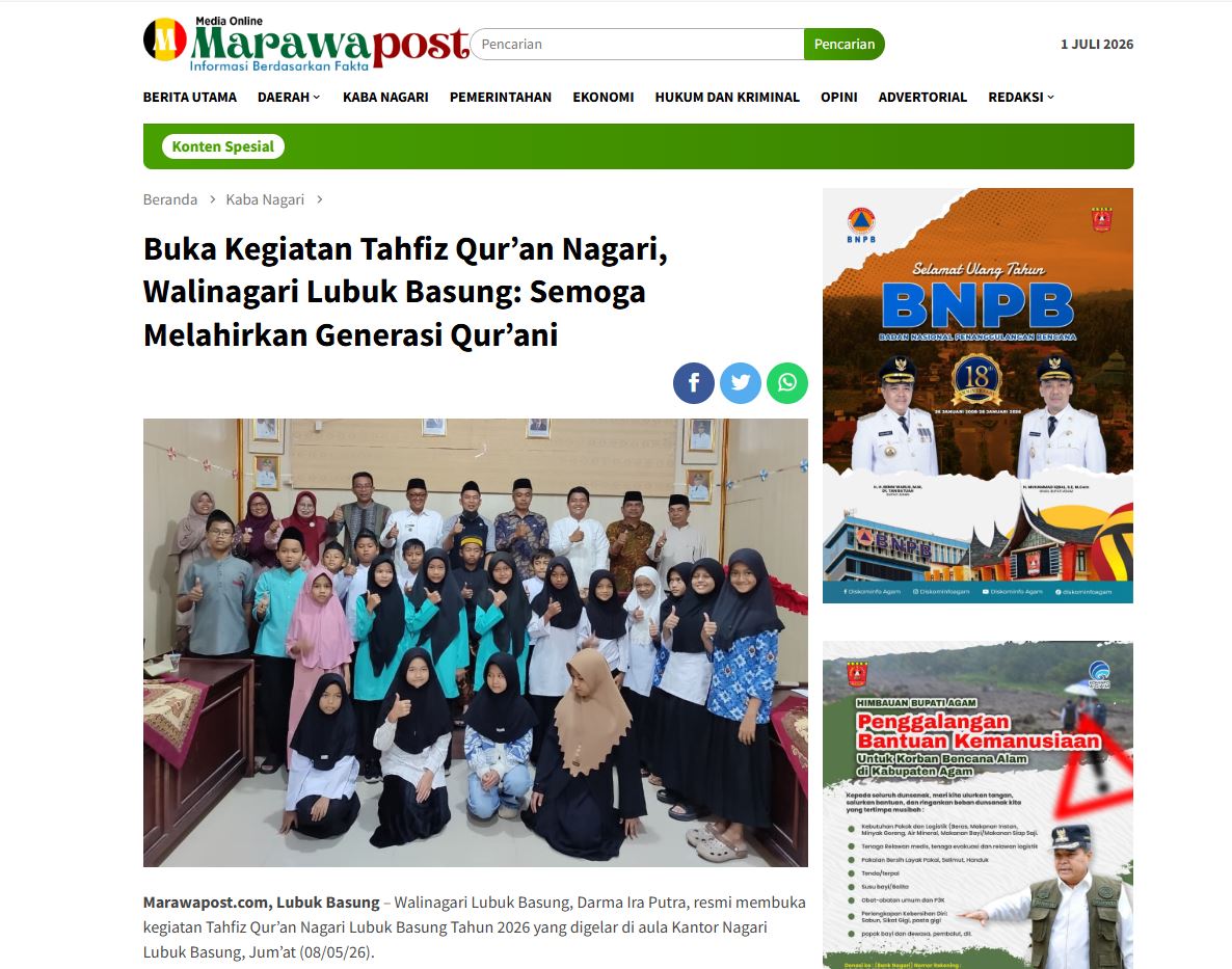 Buka Kegiatan Tahfiz Qur’an Nagari, Walinagari Lubuk Basung: Semoga Melahirkan Generasi Qur’ani