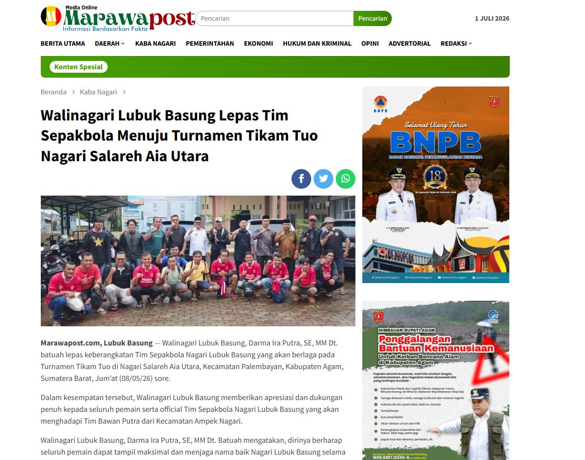 Walinagari Lubuk Basung Lepas Tim Sepakbola Menuju Turnamen Tikam Tuo Nagari Salareh Aia Utara